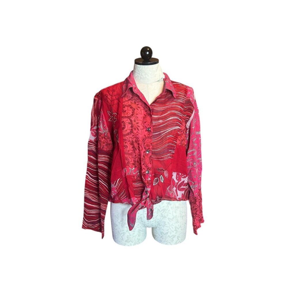 Chico's Women's Long Sleeves Red Patchwork Artist Embroidered Collared Red 2 (L)
